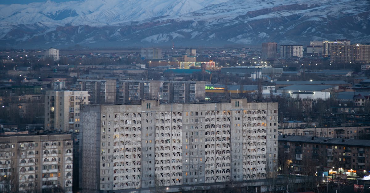 Bishkek cityscape at dusk with mountains, showcasing a blend of urban and natural beauty.