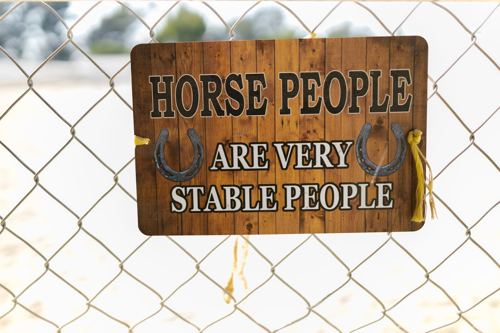 A wooden sign with a funny message on a chain link fence outdoors.