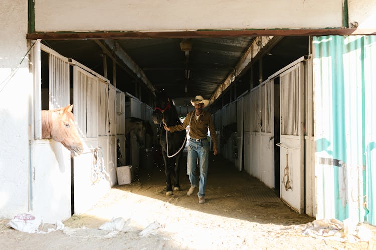 A Cowboy Walking With His Horse Inside The Barn