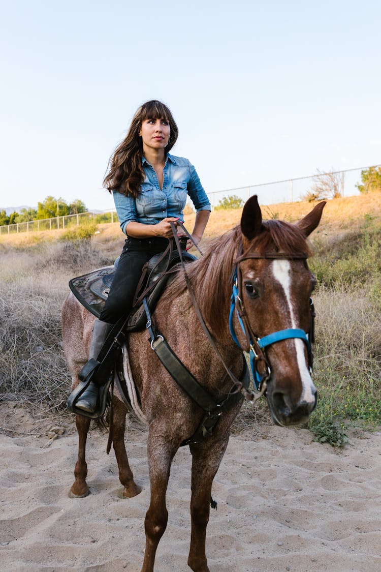 Woman In Jean Jacket Riding Horse