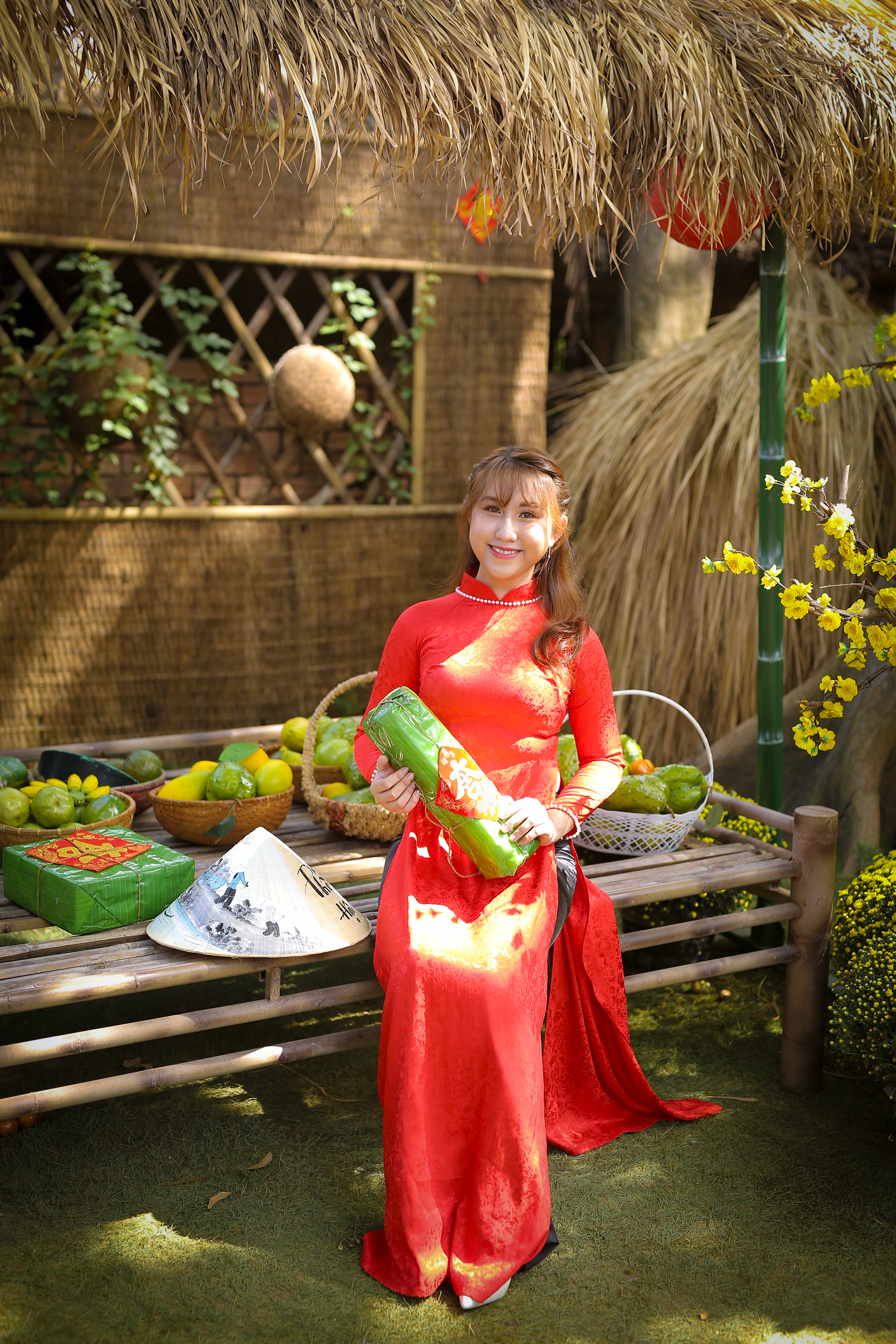 Smiling Woman in Traditional Dress Posing with Fruits · Free Stock Photo