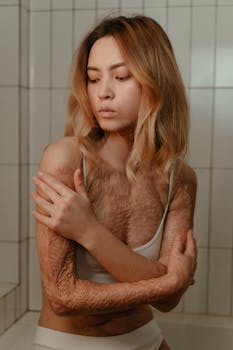 An adult woman with burn scars embraces body positivity in a bathroom setting.