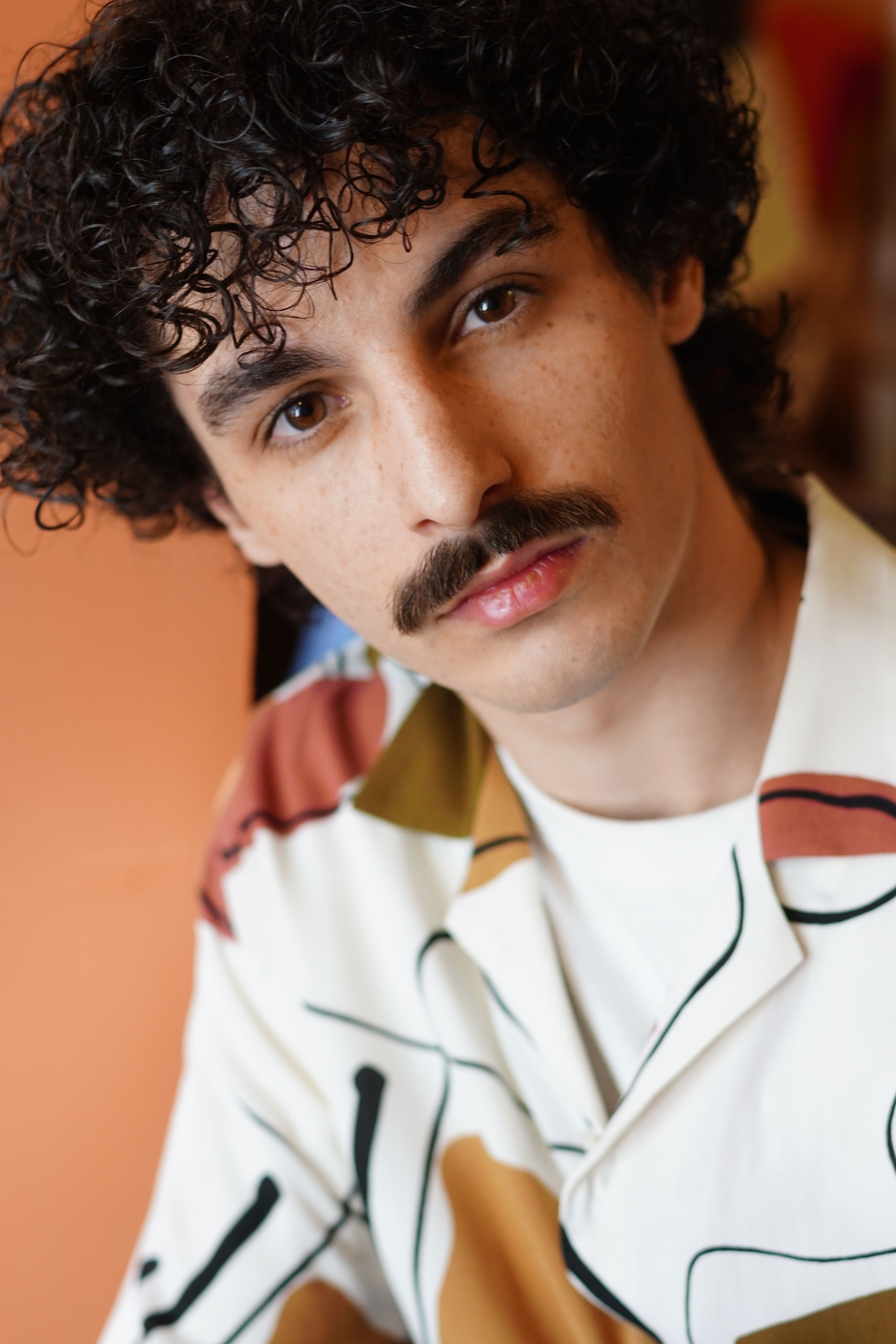 A close-up portrait of a man with curly hair and a mustache wearing a printed shirt.
