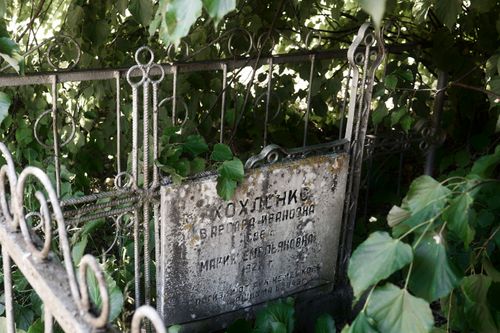 Free An old metal cemetery gate surrounded by lush green leaves, featuring a weathered plaque with text. Stock Photo