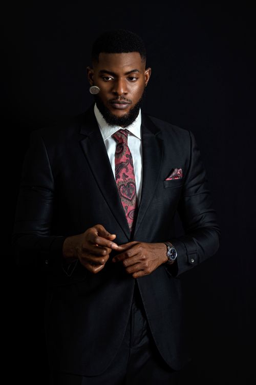Free Portrait of a bearded man in formal attire with a confident pose, wearing a black suit and patterned tie. Stock Photo