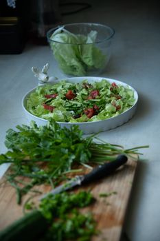A close-up of a fresh vegetable salad with herbs, ready on a serving plate.