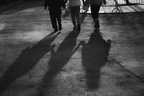 Black and White Photo of Shadows on Pavement of People Walking