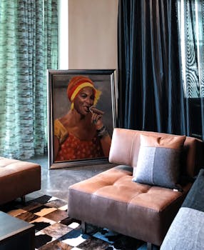 客厅布置舒适，配有现代家具和充满活力的画作，彰显出优雅的室内设计