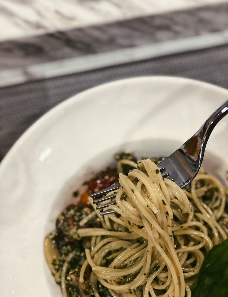 Cooked Pasta On White Ceramic Plate