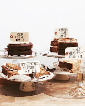 架子上优雅地展示着各种美味的蛋糕，上面贴有标价