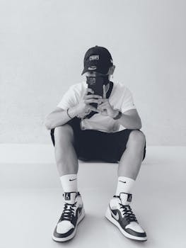 A young adult seated, wearing a cap and sneakers, captured in black and white.