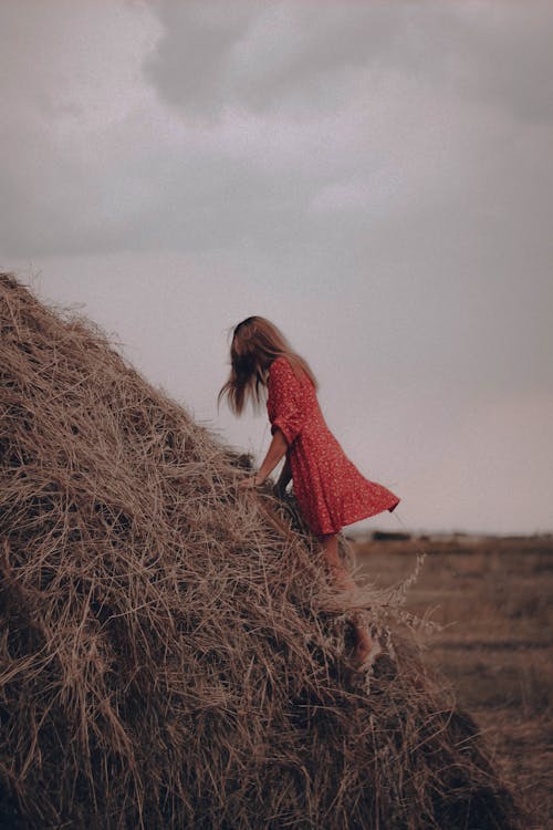 Woman in Red Dress Climbing Brown Hay
