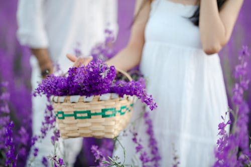 Woman Holding Basket with Purple Flowers