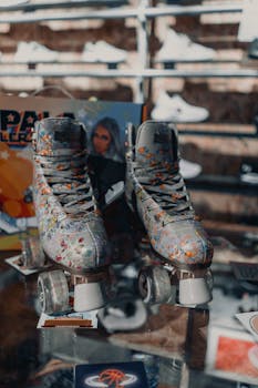 Close-up of colorful floral-patterned roller skates in a store setting.