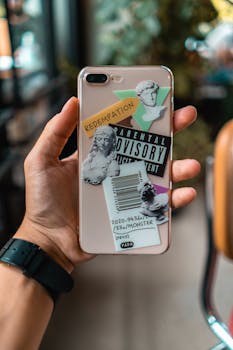 Hand holding a smartphone with a creative and artistic case featuring various stickers, ideal for modern lifestyle themes.
