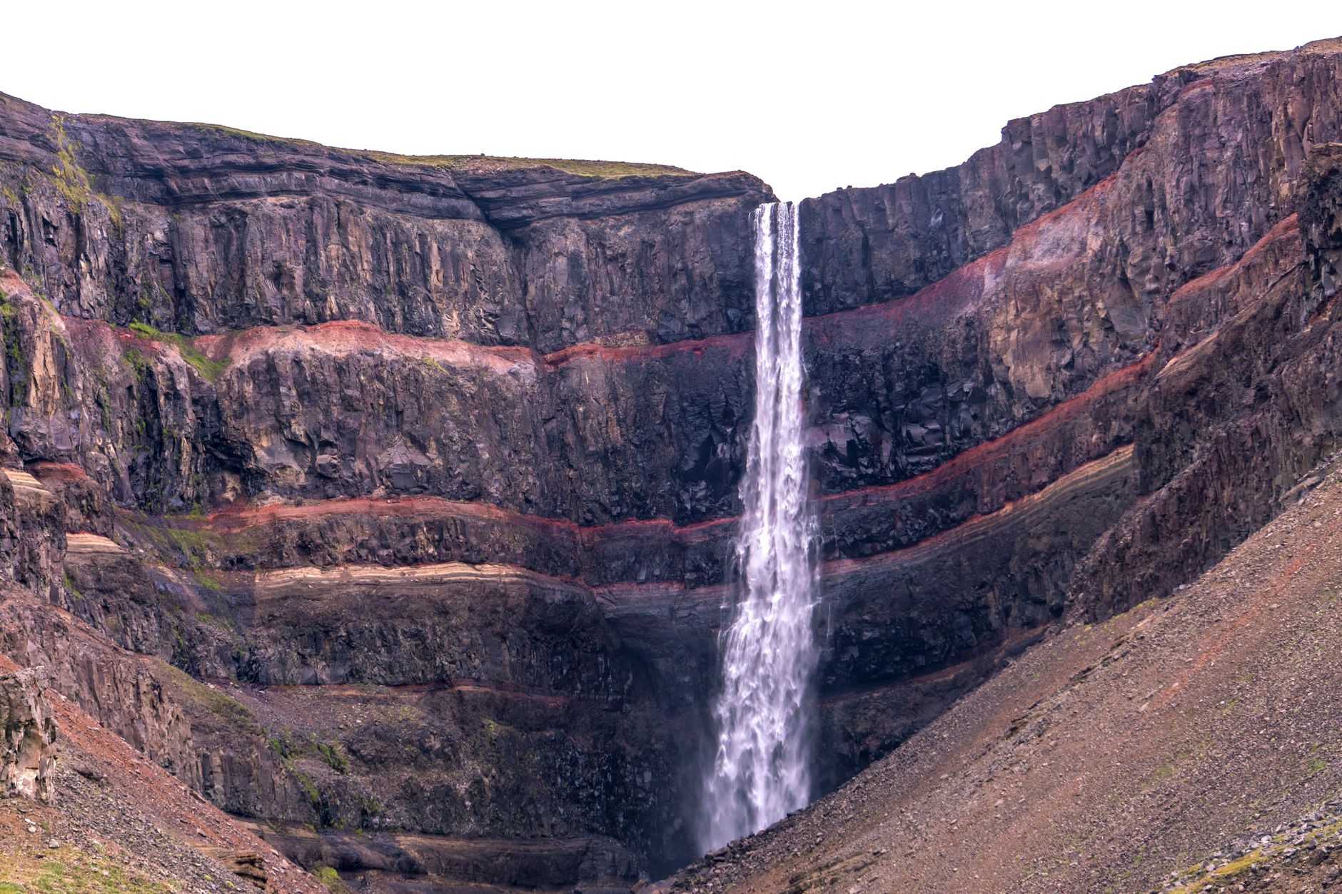 Waterfall cascading over a cliff in the Icelandic landscape
