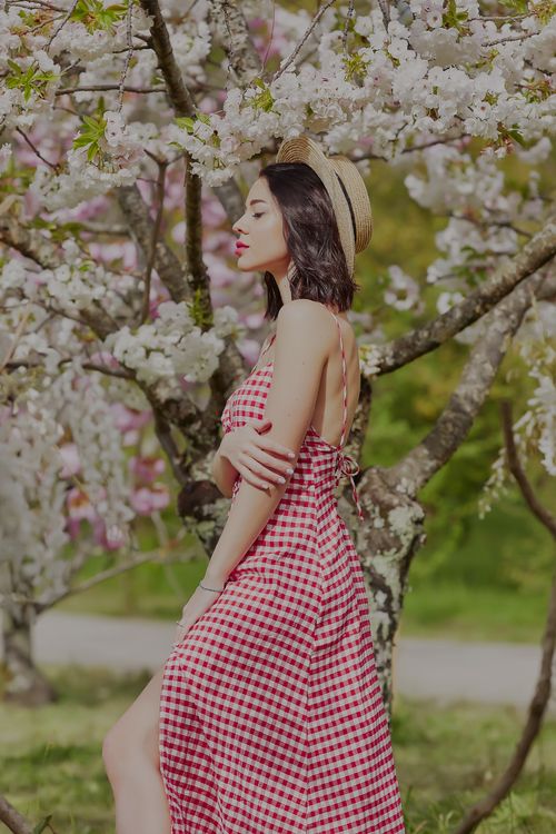 Free Side view of a woman in a red checkered dress and sun hat standing among cherry blossoms outdoors. Stock Photo