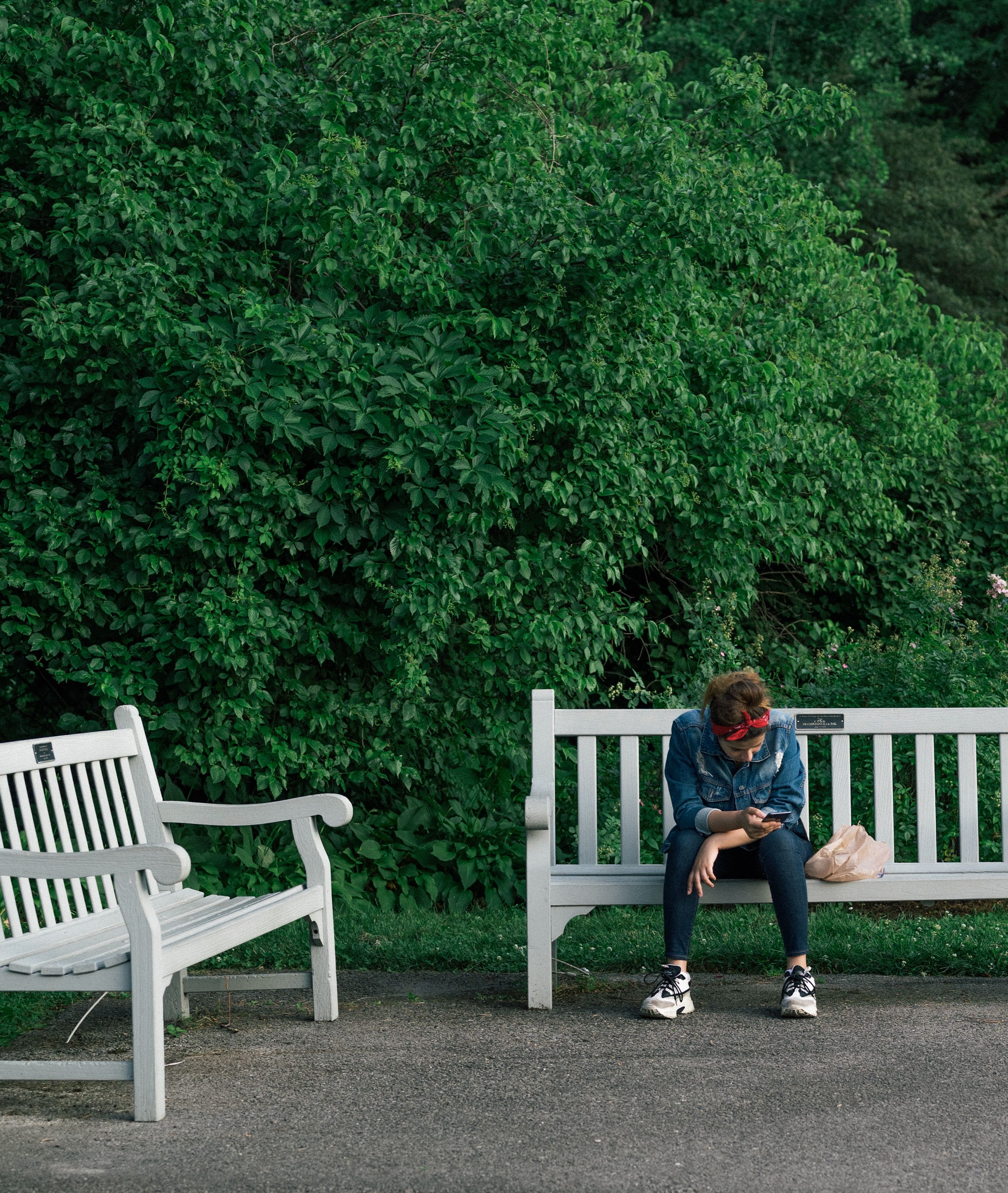 person sitting on a park bench, looking at trees, hands empty, no phone in sight