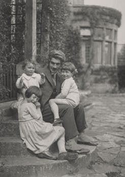 Classic vintage photo of a family seated on garden steps, evoking nostalgia.