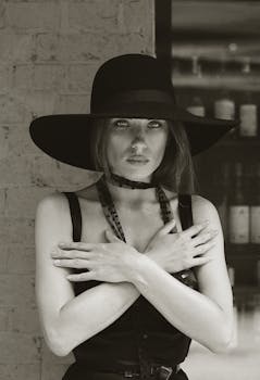 Elegantly posed woman in a wide-brim hat wearing a black dress, exuding a fashion-forward attitude.