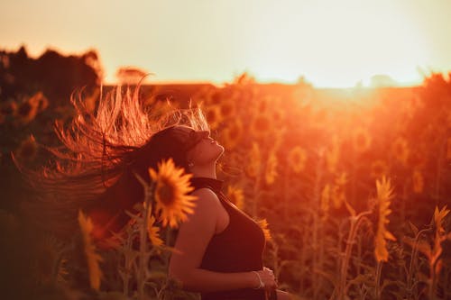 A Woman Standing on the Sunflower Field