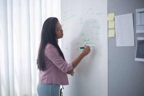 A Woman in Pink Coat Writing on the Board Using a Marker