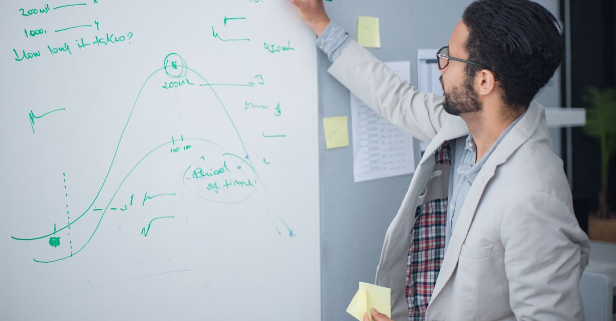 Business professional analyzing data on a whiteboard during an office presentation, emphasizing workplace collaboration.