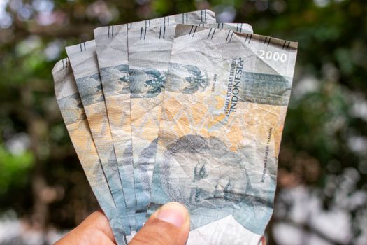 Hand holding multiple Indonesian Rupiah banknotes outdoors, showcasing currency and finance concepts. - Fotografer Sidoarjo