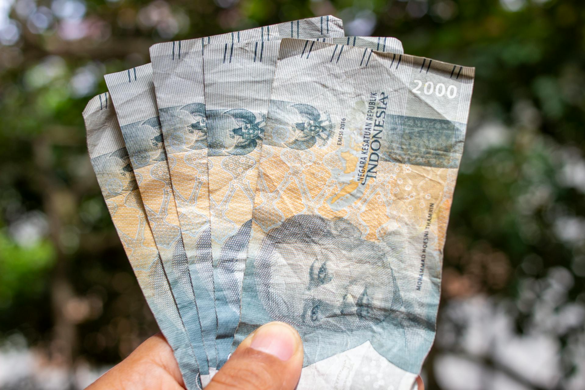 Hand holding multiple Indonesian Rupiah banknotes outdoors, showcasing currency and finance concepts.