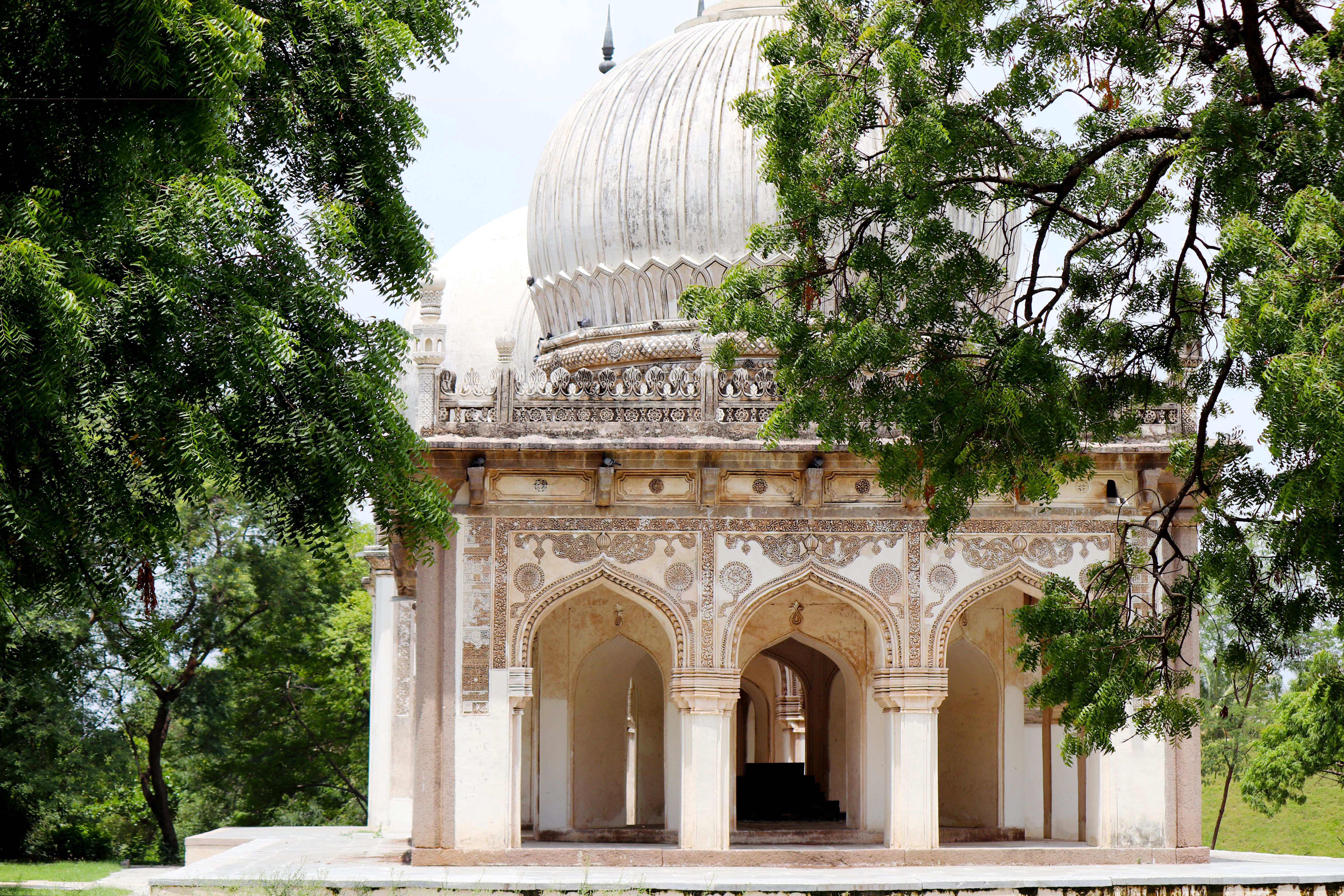 Intricate architecture of the Qutb Shahi Tombs in Hyderabad, surrounded by lush greenery.