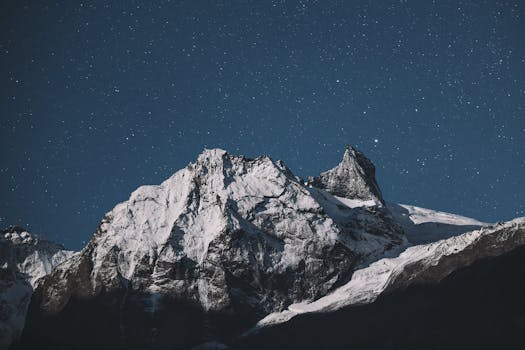 Breathtaking snow-capped mountain beneath a vibrant starry night sky, showcasing winter's beauty.