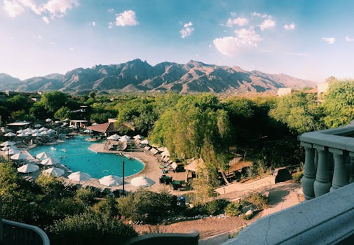 Aerial view of a resort pool surrounded by trees, with mountains in the background under a sunny sky.