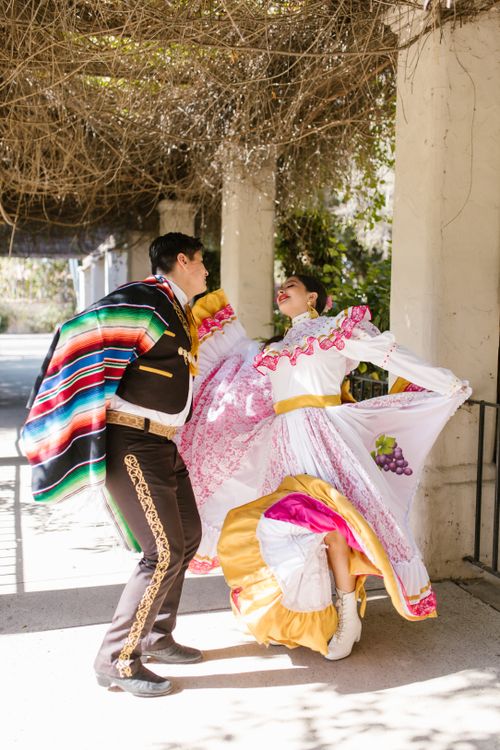 Free A joyful couple performing a traditional Mexican dance in vibrant, colorful attire. Stock Photo