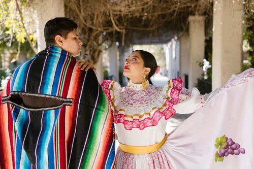 Free A young hispanic couple in traditional Mexican attire, dancing outdoors. Stock Photo