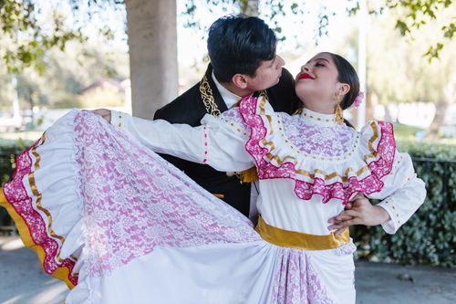 Free A couple performs a traditional Mexican dance in vibrant costumes outdoors. Stock Photo