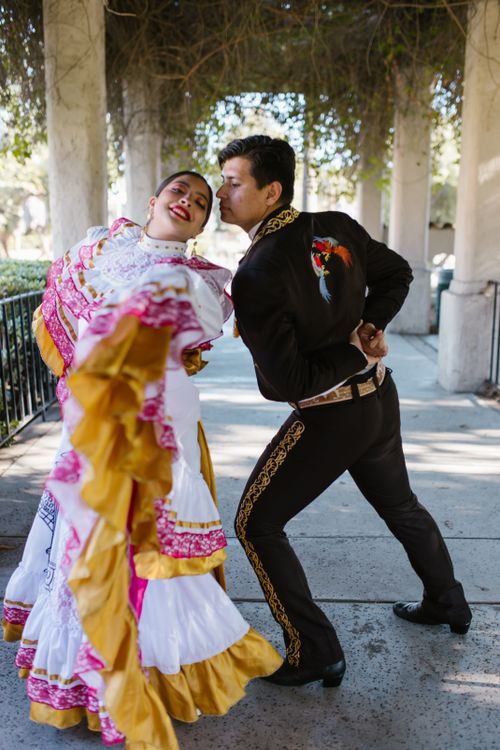 Free A couple performs a vibrant traditional Mexican dance in colorful attire. Stock Photo