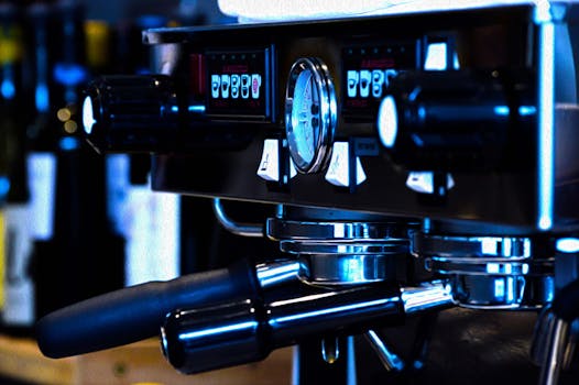 Stylish close-up of a professional espresso machine, ideal for coffee enthusiasts and cafe scenes.