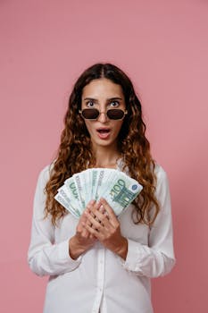 Woman with curly hair and sunglasses holding euro banknotes in surprise against a pink background.