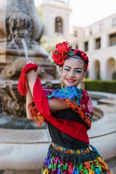 A young woman in traditional Mexican attire performs a colorful dance in front of a fountain.
