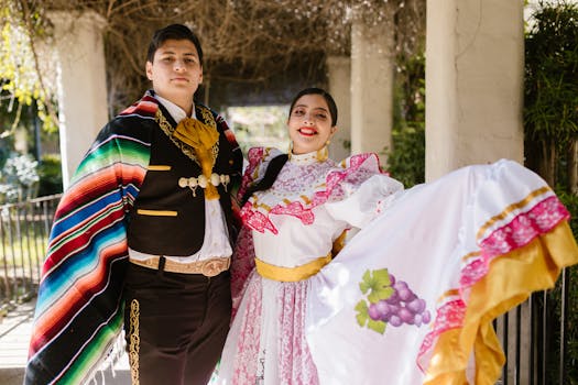 Mexican couple in traditional attire celebrating cultural heritage outdoors.