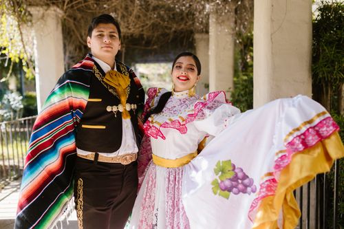 Free Mexican couple in traditional attire celebrating cultural heritage outdoors. Stock Photo