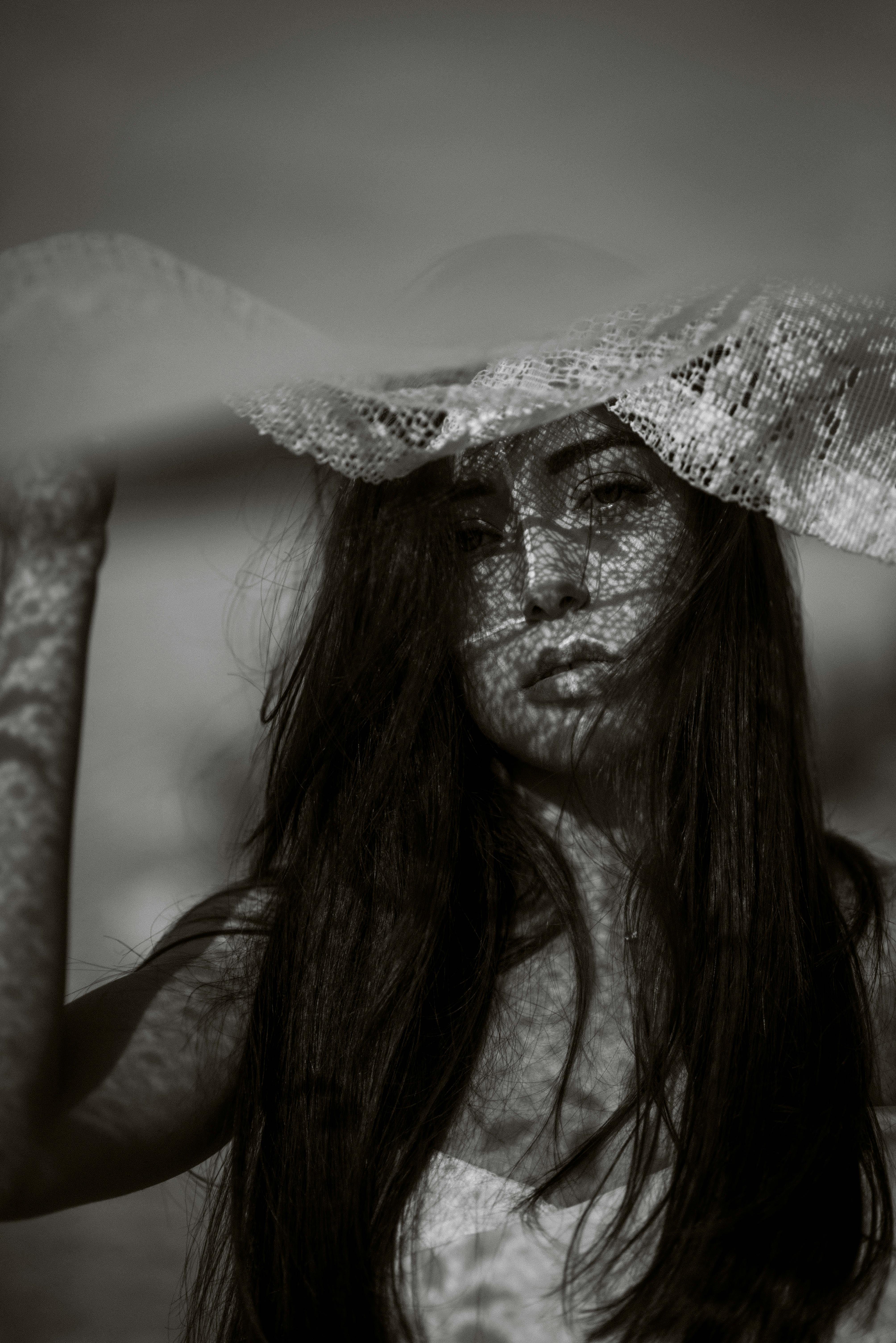 Artistic black and white portrait of a young woman partially covered by a lace veil.