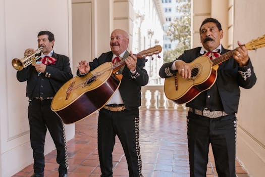 Mariachi band with guitars and trumpet performing in traditional attire outdoors.
