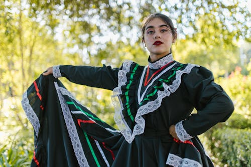 Free Dancer in a Dark Green Pollera Dress with Lace Trim Stock Photo