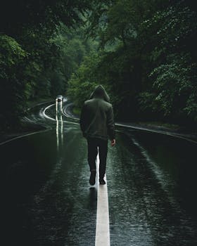 A solitary figure in a hoodie walks on a wet forest road, creating a mysterious and moody atmosphere.