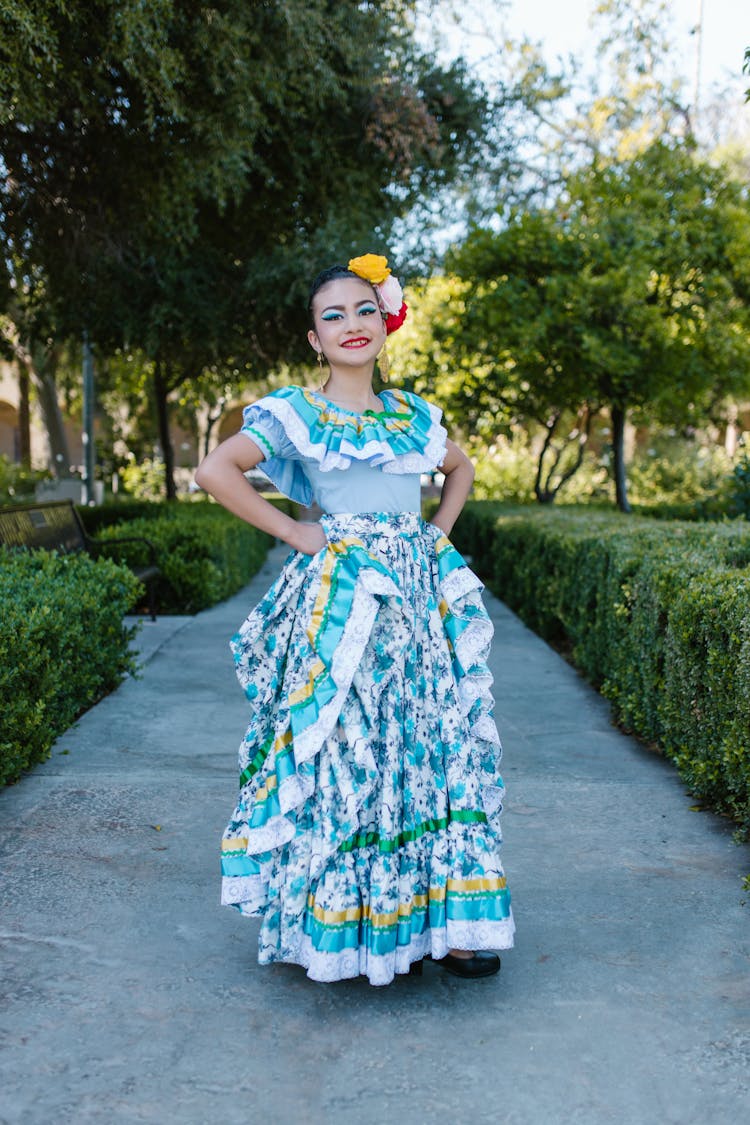 A Woman In Blue Mexican Dress