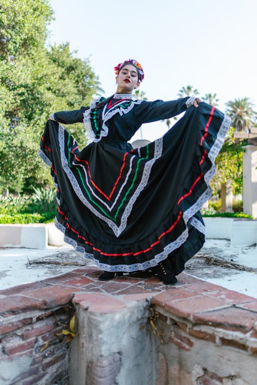 Free Dancer with Her Dark Green Pollera Spread Wide Stock Photo