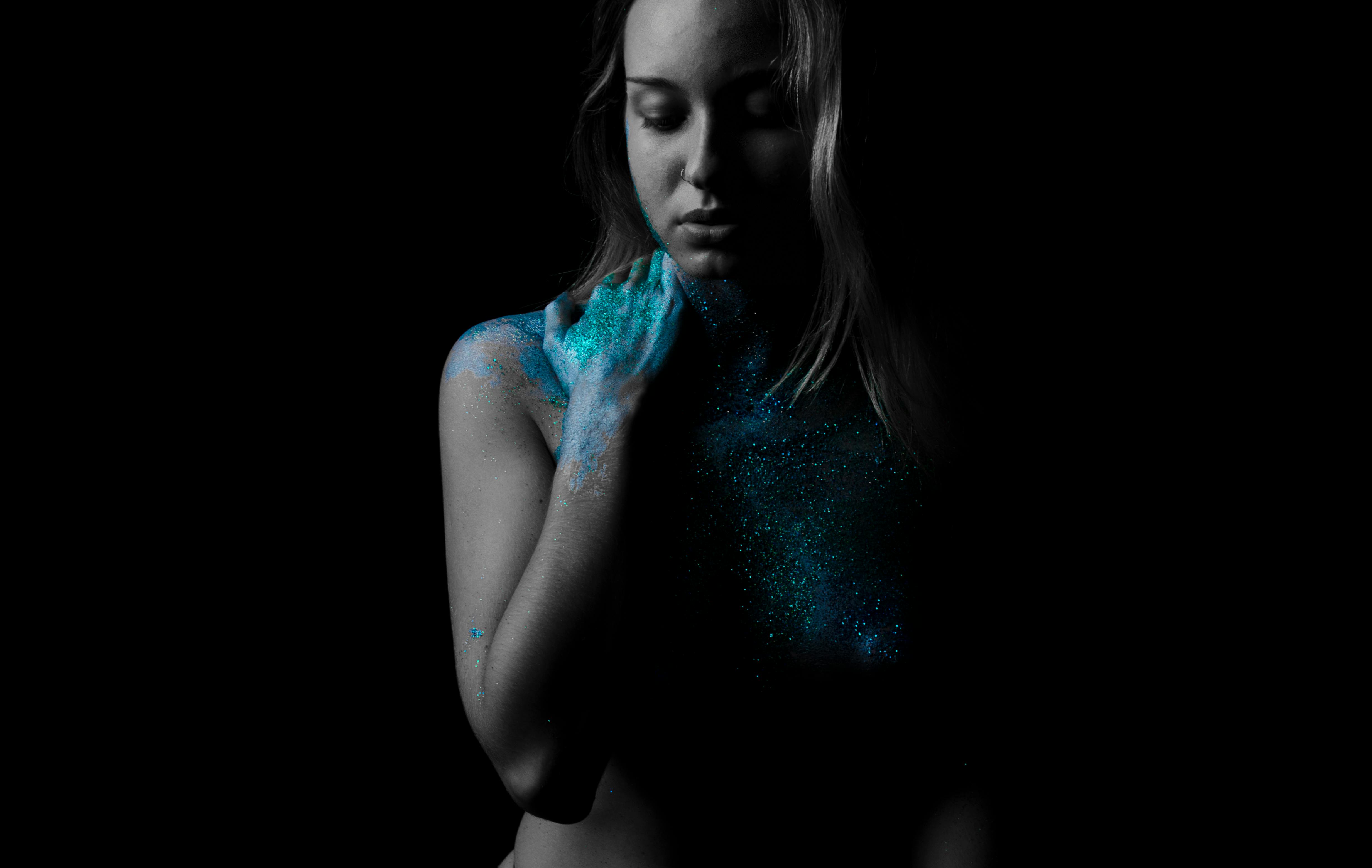 Topless Woman With Green Body Glitters Artwork Free Stock Photo