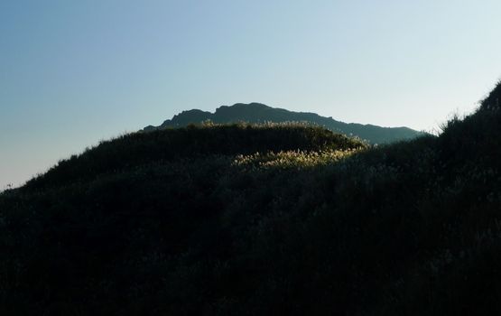 A tranquil view of grassy hills silhouetted against a clear sunset sky.