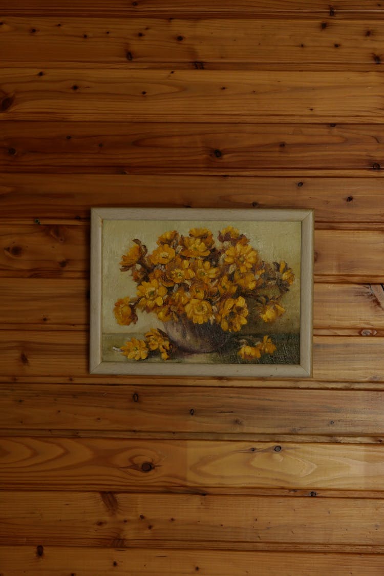 Yellow Flowers In Vase Framed Painting On Wooden Surface